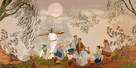 Ancient China. Oriental people. Tea ceremony. Classic wall drawing. Murals and watercolor asian style. Old village, peasants. Traditional Chinese paintings. Tradition and culture of Asia