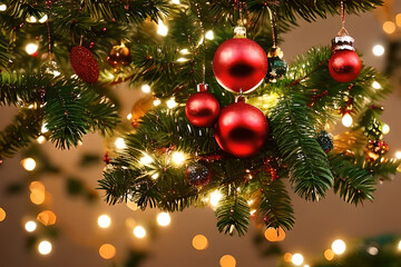 Fototapeta na wymiar Hanging Red ball Christmas ornament decoration at the Christmas tree. Background for seasonal greetings.