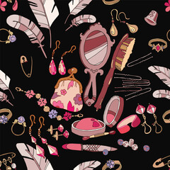 Fashion accessories seamlees pattern. Cosmetics, jewelery, make up female glamorous accessories. Woman shopping vector background