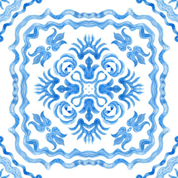 Watercolor painted tile, indigo blue hand drawn Baroque and floral ornaments isolated on a transparent background. Damask seamless pattern