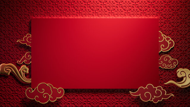 Red Asian Design Template featuring Rectangle Frame and Clouds  with copy-space. Chinese New Year Background with 3D Pattern.