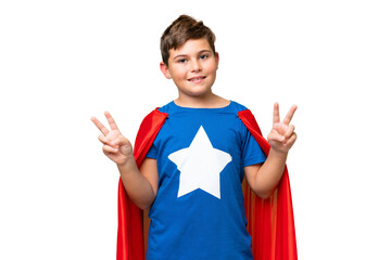 Super Hero caucasian kid over isolated chroma key background showing victory sign with both hands