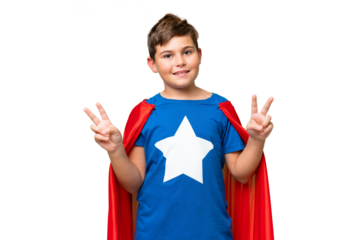 Super Hero caucasian kid over isolated chroma key background showing victory sign with both hands