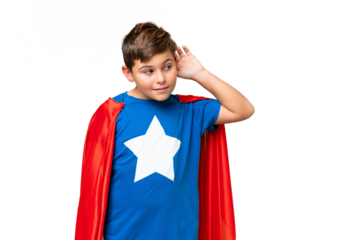 Super Hero caucasian kid over isolated chroma key background listening to something by putting hand on the ear