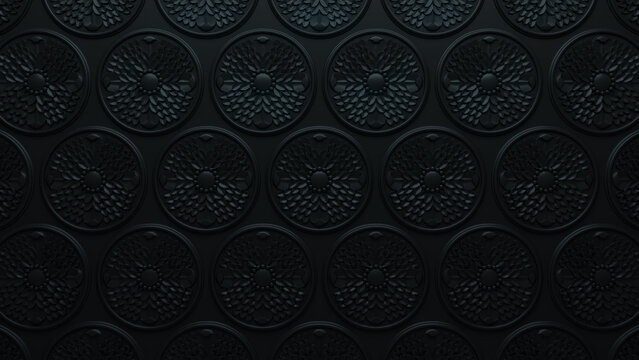 Intricate Dark Ornate Pattern Wallpaper. Black 3D Ornamental Background.
