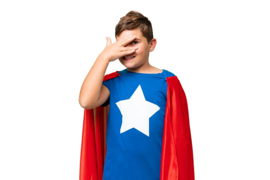 Super Hero caucasian kid over isolated chroma key background covering eyes by hands and smiling