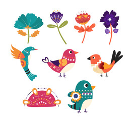 Set Collection of Cute Doodle Flowers and Birds
