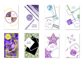 Cover design. Set of 8 covers. Imitation of crumpled paper. Unusual bright abstract background for magazine, book, splash, banner, vector. Imitation of crumpled paper