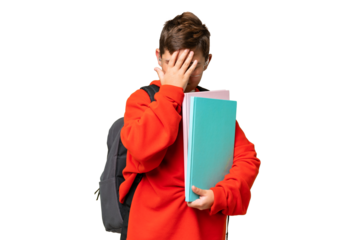 Little caucasian student kid over isolated chroma key background with tired and sick expression