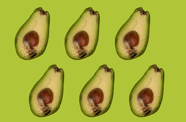 Collage with spoilt avocados in multiples, advertising not fresh produce