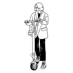 Woman ride on Scooter People Casual lifestyle Hand drawn line art illustration - obrazy, fototapety, plakaty