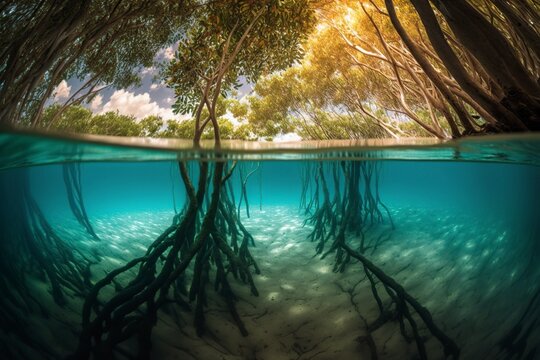 image, underwater photography of a flooded mangrove swamp, generative ai