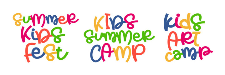 Kids summer, art camp. Summer kids fest, art camp template poster, flyer, banner design. Kids fun vector colorfull illustration. Hand drawn typography text. Summer camp logo for print design.