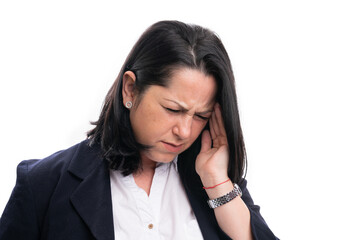 Fototapeta premium Stressed female entrepreneur touching temple as migraine concept