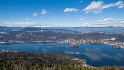 Areal view over Woerthersee in austria, carinthia in winter