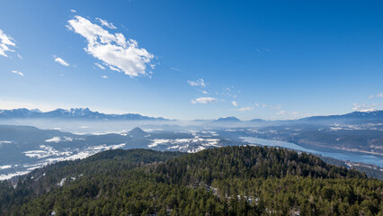 Areal view over Woerthersee in austria, carinthia in winter