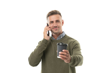 Fototapeta na wymiar man has call at coffee break smile on background. photo of man has call at coffee break.