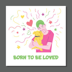 Card or poster on love between dog and owner flat cartoon vector illustration.