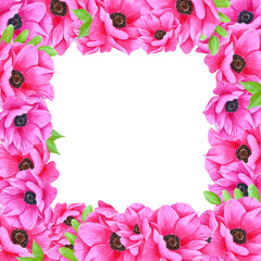 Hand drawn watercolor pink anemone flower frame with green leaves. Isolated on white background. Scrapbook, post card, banner, lable.