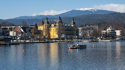 Castle (hotel) Velden at Woerthersee, Lake Worth, In Carinthia, Austria on a sunny winter day