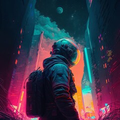 Astronaut in a neon cityscape. Sci-fi exploration concept | generative AI

