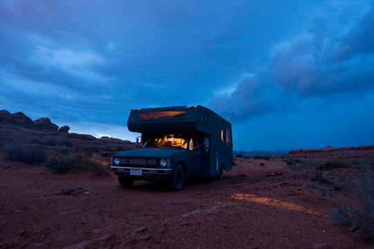 Illuminated motor home, Antelope Canyon, Arizona, USA