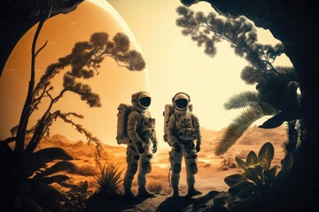 Fototapeta premium Astronaut exploring a mysterious alien planet. Futuristic space exploration concept. | generative AI