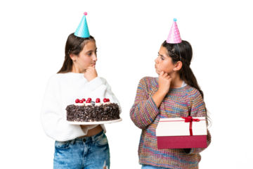 Friends girls holding gift and a birthday cake over isolated chroma key background looking looking at each other