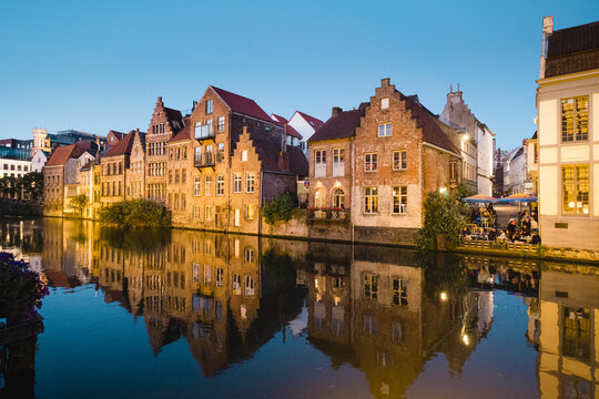 Townhouses along river, Ghent, Flemish Region, Belgium