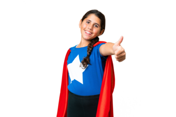 Super Hero girl over isolated chroma key background with thumbs up because something good has happened