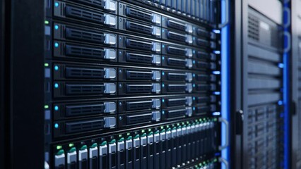 Close-up of Server Racks with HDD and SSD with Blinking Lights in Modern Datacenter. Advanced Cloud Computing and Machine Learning Concept. - Powered by Adobe
