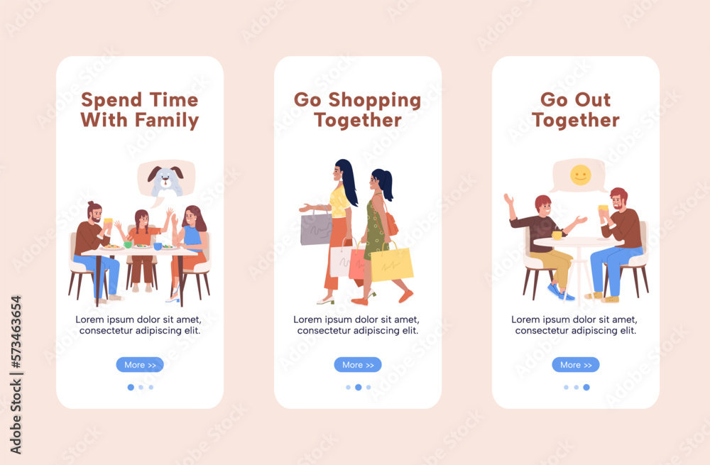 Poster family time onboarding mobile app screen flat template. walkthrough website 3 steps with characters.