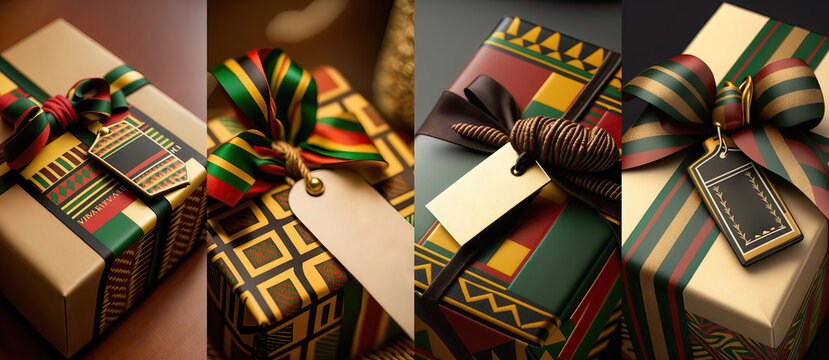 AI Generated Close-up Of A Beautifully Wrapped Kwanzaa Present With A Tag