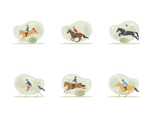 Set of riders and horses on a walk in the forest, vector illustration