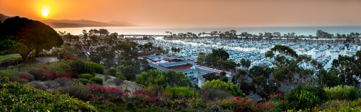 Panorama of Dana Point Marina at sunset, southern California, USA