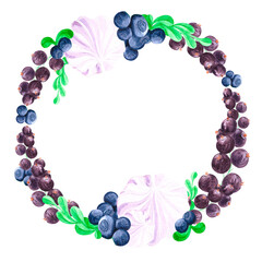 Hand drawn watercolor wreath with blueberry, strawberry, marshmellow and black currants. Scrapbook, post card, banner, lable.