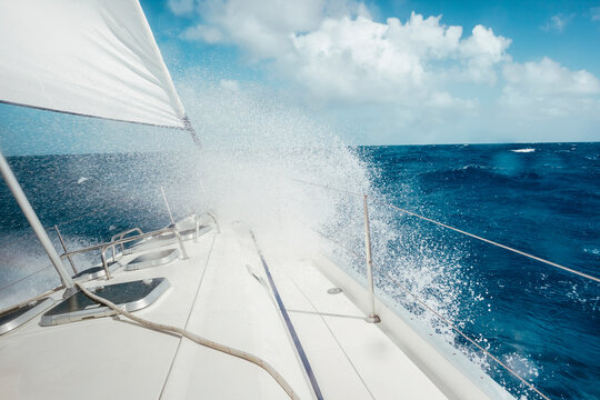 On Board View Of A Boat Sailing In Rough Seas In The Caribbean