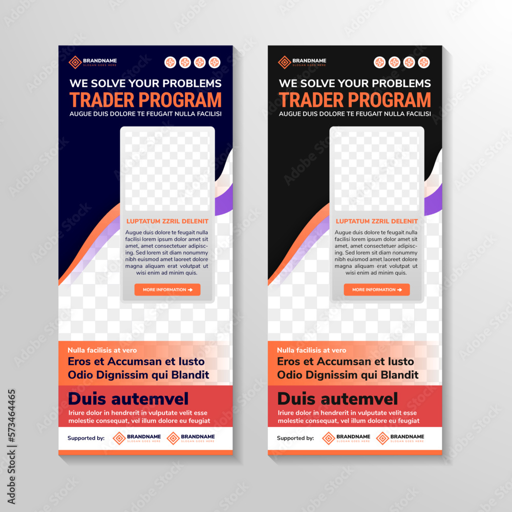 Poster trader program business roll up design template, stand, vertical flag banner design layout, standee 