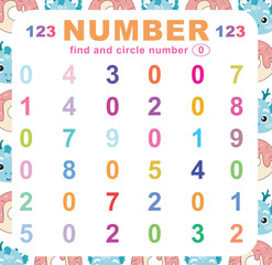 Search and circle the number on the worksheet. Exercise for children to recognize numbers. Educational sheet for preschool. Vector file.