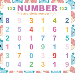Search and circle the number on the worksheet. Exercise for children to recognize numbers. Educational sheet for preschool. Vector file.