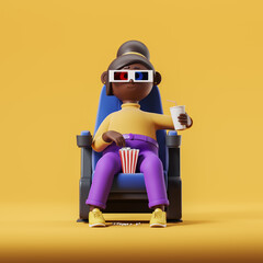 African cartoon woman with pop corn and 3D glasses