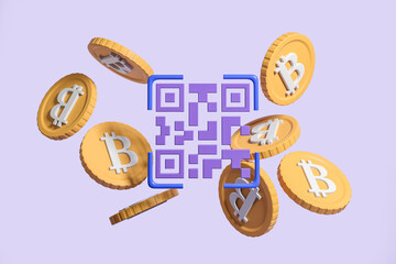 QR code scanner and golden bitcoins flying