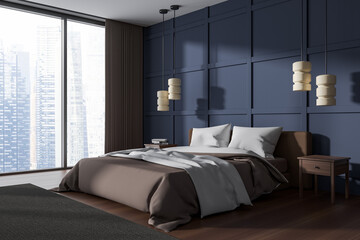 Modern bedroom interior with bed and nightstand, panoramic window