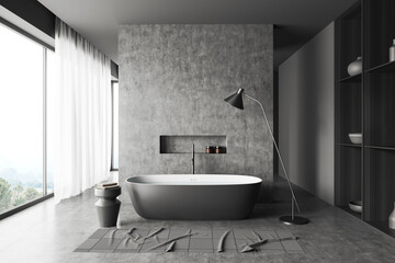 Naklejka na ściany i meble Front view on dark bathroom interior with panoramic window, bathtub