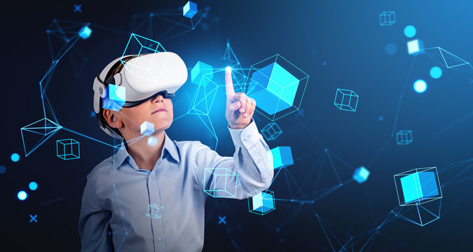 Child boy in vr headset, data blocks in cyberspace, metaverse