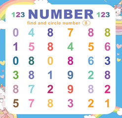 Search and circle the number on the worksheet. Exercise for children to recognize numbers. Educational sheet for preschool. Vector file.