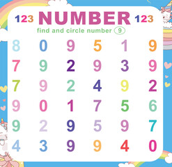 Search and circle the number on the worksheet. Exercise for children to recognize numbers. Educational sheet for preschool. Vector file.