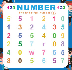Search and circle the number on the worksheet. Exercise for children to recognize numbers. Educational sheet for preschool. Vector file.