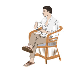 Man drinking coffee sit in Cafe People lifestyle Hand drawn color illustration