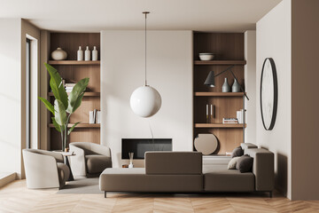Light living room interior with couch and shelf with decoration
